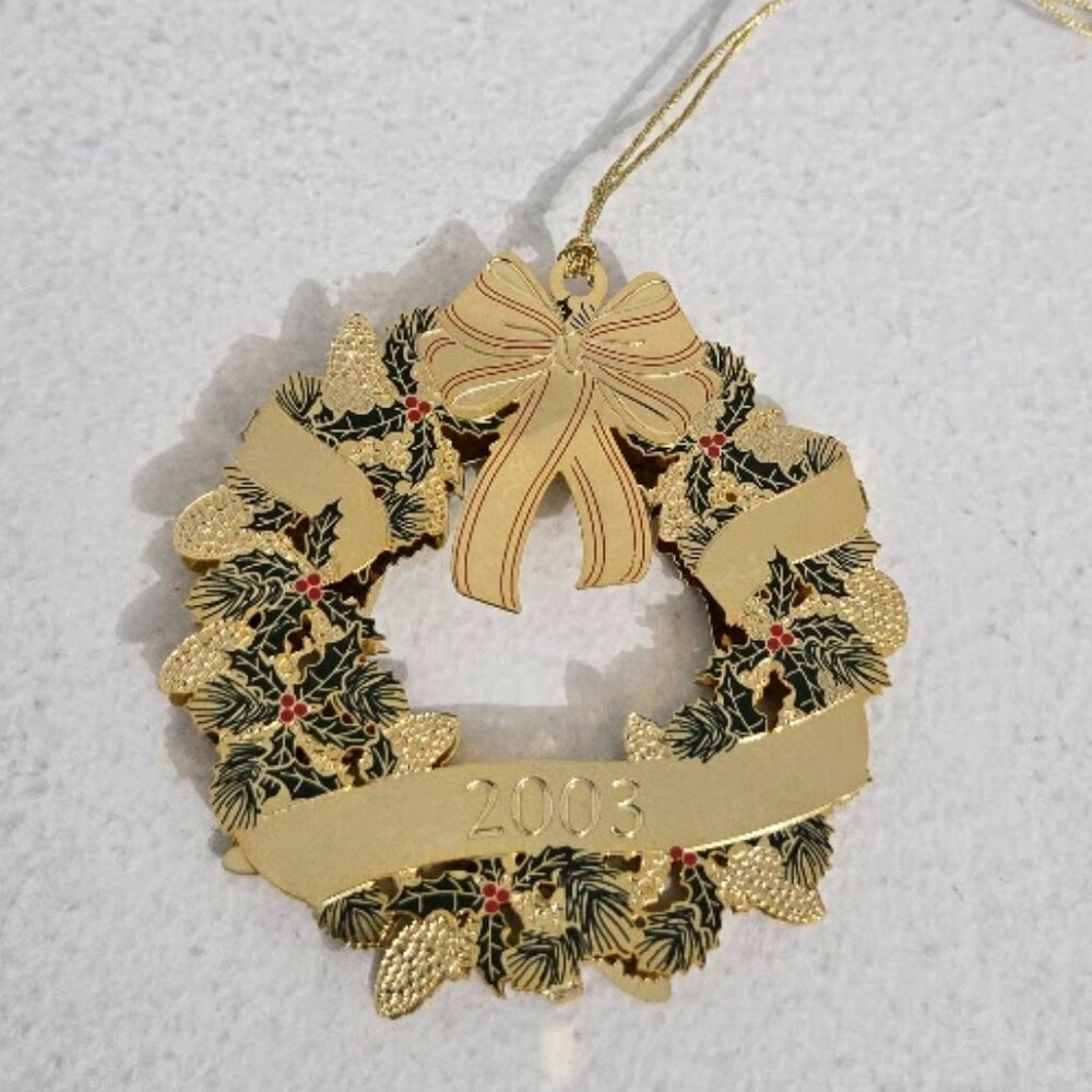 Baldwin 2003 Wreath Gold Finish Brass Christmas Ornament Bow Holiday Collect Vtg